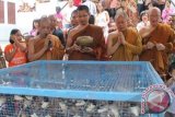 Pemuka agama Budha melakukan ritual Fang Sheng atau melepas burung Pipit ke alam bebas Magha Puja 2557 di Vihara Budha Loka, Tulungagung, Jawa Timur, Minggu (9/2). Ritual tersebut dipercaya memiliki pengaruh bagi kehidupan dan keberuntungan dan terbebas dari kesulitan hidup. ANTARA FOTO/Sahlan Kurniawan/nym/2014.