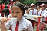 Ratusan siswa melakukan sikat gigi bersama saat peringatan Hari Kesehatan Mulut Sedunia (World Oral Health Day) 2014 di SD Negeri Tomang 01 Pagi, Jakarta, Kamis (20/3). Kegiatan sikat gigi bersama yang diselenggarakan Pepsodent secara serentak di 117 kota di seluruh Indonesia ini diikuti sekitar 20.000 siswa. ANTARA FOTO/Dhoni Setiawan/Koz/ama/14.
