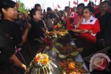 Ketua Umum PDI Perjuangan Megawati Soekarnoputri (kanan) didampingi Bupati Buleleng Putu Agus Suryadnyana (kedua kanan) mencicipi makanan saat lomba masakan tradisional Bali di Lapangan Busungbiu, Buleleng, Bali, Kamis (3/4). Megawati mengajak masyarakat memanfaatkan kekayaan alam hayati Indonesia sehingga tidak tergantung dengan produk impor. ANTARA FOTO/Zabur Karuru/nym/2014