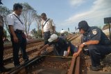 Jombang (Antara Jatim) - Juru penilik jalan rel Daop VII Madiun melakukan pemeriksaan jarak titik antara dua jalur rel kereta api di Jombang, Jawa Timur, Selasa (6/5). Pemeriksaan rutin guna meningkatkan keamanan jalur rel kereta api  tersebut difokuskan pada keamanan alat penambat supaya kereta tapi idak keluar jalur dan mempertahankan jarak titik antara dua rel. FOTO/Syaiful Arif/14/Oka.