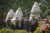 Sejumlah warga membawa gunungan hasil bumi saat kirab tradisi Apem Ruwahan di Desa Undaan Lor, Kudus, Jateng, Kamis (5/6). Tradisi Apem Ruwahan yang diikuti ribuan warga tersebut merupakan salah satu bentuk syukur masyarakat kepada Tuhan Yang Maha Esa atas rejeki dan keselamatan. ANTARA FOTO/Andreas Fitri Atmoko