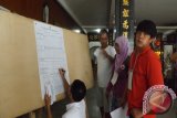 Petugas KPPS TPS 52 disaksikan para saksi sedang melakukan penghitungan perolehan suara dukungan dua pasangan capres dan cawapres. (Nurul/Antara Kalbar)