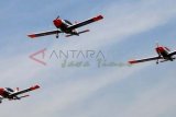 Pasuruan (Antara Jatim) - Tiga pesawat latih jenis Tobago TB-10 milik Skuadron Udara 200 Wing Udara 1 Puspenerbal, melakukan latihan fly pass di atas lapangn terbang Pusat Latihan Tempur TNI Angkatan Laut, R.E.B.O Tjokroadirejo, Grati, Pasuruan, Jatim, Selasa (9/9). Kegiatan latihan terbang formasi tersebut, merupakan bagian dari rangkaian demo persiapan peresmian Lapangan terbang TNI Angkatan Laut, R.E.B.O Tjokroadirejo, 10 September 2014. (FOTO Adhitya Hendra/14/edy)