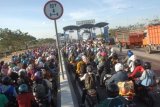 Surabaya (Antara Jatim) - Ribuan pengendara kendaraan bermotor roda dua antre ketika toron masuk gerbang tol jembatan Suramadu, sisi Tambakwedi, Surabaya, Jatim, Sabtu (4/10). 'Toron' atau mudik pada Idul Adha merupakan tradisi bagi masyarakat Madura yang berada di luar Madura, pada H -1 Idul Adha 1435 H. (FOTO M Risyal Hidayat/14/edy)