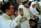 Surabaya (Antara Jatim) - Dua pasangan pengantin saling bersuapan makan disela-sela nikah massal di Gedung Balai Pemuda, Surabaya, Jawa Timur, Jumat (28/11). Pernikahan massal tersebut diikuti 75 pasangan yang telah hidup bersama namun belum menikah secara resmi dan tidak memiliki dokumen yang sah. FOTO M Risyal Hidayat/14