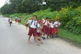 <br />
<br />
Samosir, 27/11 - SEMANGAT SEKOLAH. Sejumlah pelajar SD di Kecamatan Simanindo, Kabupaten Samosir, tetap semangat dan ceria sepulang belajar pada siang hari, meski harus menempuh jarak yang cukup jauh  dari rumah ke sekolah, Kamis. Di antara pelajar ini ada yang melepas sepatu karena terbiasa tanpa alas kaki saat di rumah atau ke ladang membantu orang tua. (Foto Antarasumut/Waristo)