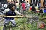 Mahasiswa Papua melakukan ritual Bakar Batu di Asrama Mahasiswa Papua di Makassar, Sulawesi Selatan, Senin (15/12). Ritual memasak dengan menggunakan batu yang telah dibakar tersebut dilakukan sebagai rangkaian perayaan natal. ANTARA FOTO/Yusran Uccang/wdy/14.