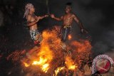 Dua pemuda menerobos api sabut kelapa dalam tradisi 'Mesabatan Api' atau perang api di Desa Petulu, Gianyar, Bali, (20/3). Tradisi setiap tahun tersebut untuk menyambut Hari Raya Nyepi Tahun Saka 1937, keharmonisan, menyucikan alam dan sekaligus untuk memupuk persaudaraan. ANTARA FOTO/Nyoman Budhiana/i018/15.