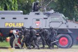 Pasuruan (Antara Jatim) - Pasukan Gultor dari Densus 88 menangkap para teroris saat latihan bersama Simulasi Penanggulangan Teroris dengan sandi Gulkonsis V di lapangan Pusat Pendidikan Korps Brigade Mobile (Pusdik Brimob) Watukosek Gempol, Pasuruan, Jawa Timur, Rabu (29/4). Latihan yang diselenggarakan oleh Badan Nasional Penanggulangan Teroris (BNPT) tersebut bertujuan untuk melatih serta meningkatkan kemampuan satuan TNI-Polri di wilayah Pasuruan sebagai penyiapan dan penyiagaan dalam penanggulangan terorisme. Foto Moch Asim/Zk/15/Uki