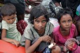 Tiga anak imigran suku Rohingya berada di atas kapal mereka yang terdampar di perairan Desa Simpang Tiga, Kecamatan Julok, Aceh Timur, Aceh, Rabu (20/5). Sebanyak 400 Imigran itu terdampar dan ditemukan nelayan Aceh sekitar 26 mil dari pesisir pantai Desa Simpang Tiga. ANTARA FOTO/Syifa/Irp/Rei/Spt/15.