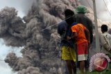 Sejumlah warga melihat Gunung Sinabung menyemburkan material vulkanis disertai awan panas, di Desa Namanteran, Karo, Sumatera Utara, Selasa (16/6). Gunung Sinabung berstatus Awas (Level IV) kembali erupsi, mengakibatkan sedikitnya 2.805 warga mengungsi. ANTARA FOTO/Irsan Mulyadi/wdy/15.