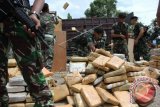 Personel TNI menyusun barang bukti ganja kering yang diamankan, di Medan, Sumatera Utara, Jumat (10/7). Personel TNI Yonkav-6/Serbu berhasil mengamankan 765 bungkus ganja kering yang diperkirakan seberat 1 ton asal Aceh tujuan Solo, setelah mendapatkan informasi dari pihak jasa cargo ekspedisi. ANTARA FOTO/Irsan Mulyadi/wdy/15