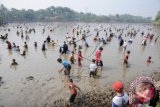 Ribuan warga turun ke danau mencari ikan saat mengikuti tradisi Ngubek Setu di Setu Jatijajar, Tapos, Depok, Jawa Barat, Minggu (26/7). Tradisi Ngubek Setu merupakan kegiatan tahunan memanen ikan sekaligus sebagai ajang silaturahmi. Tradisi tersebut dilakukan warga saat debit air danau menyusut di musim kemarau. ANTARA FOTO/Indrianto Eko Suwarso/wdy/15.