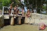 Sejumlah anak bermain di saluran air irigasi Desa Plumpungrejo, Kecamatan Wonoasari, Kabupaten Madiun, Jawa Timur, Kamis (30/7). Suhu udara panas di wilayah tersebut membuat sebagian anak bermain air untuk mendinginkan badan. Antara Jatim/Foto/Siswowidodo/15