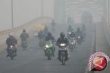 Sejumlah pengendara menembus kabut asap yang menyelimuti kawasan Jembatan Batanghari II, Jambi, Selasa (25/8). (ANTARAFOTO/Wahdi Septiawan)