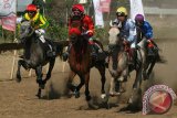 Sejumlah joki beradu cepat dalam kejuaraan daerah (kejurda) Pacuan Kuda di Gelanggang Pacuan Kuda Gor Jayabaya, Kota Kediri, Jawa Timur, Sabtu (29/8). Pacuan Kuda memperebutkan piala Walikota Kediri pra Kejurnas Pacuan Kuda tahun 2016 mendatang tersebut diikuti oleh kuda-kuda tanggung se Jawa Timur. Antara Jatim/Prasetia Fauzani/Zk/15