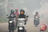 Sejumlah pengendara melintasi jalan yang diselimuti kabut asap tebal di Jalan Tanjung Raya, Pontianak, Kalbar, Rabu (16/9). Badan Meteorologi, Klimatologi dan Geofisika menyatakan bahwa berdasarkan hasil pantauan Satelit AQUA/Terra Modis per 16 September menunjukkan adanya 223 titik api yang disebabkan dari kebakaran hutan dan lahan di empat kabupaten di Kalbar. Hal tersebut menimbulkan kabut asap dengan Indeks Standar Pencemaran Udara (ISPU) mencapai 1.100 atau sangat berbahaya. ANTARA FOTO/Jessica Helena Wuysang/15