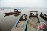 Sebuah kapal motor melintasi tiga kapal di dermaga Tebang Kacang, Kecamatan Rasau Jaya, Kabupaten Kubu Raya, Kalbar, Senin (28/9). Kapal motor yang terbuat dari kayu tersebut, dapat mengantarkan warga yang ingin menyeberang ke sejumlah desa di Kecamatan Rasau Jaya dengan biaya  Rp2 ribu per orang atau Rp5 ribu per kendaraan. ANTARA FOTO/Jessica Helena Wuysang/15