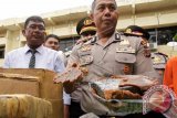 Kapolresta Banda Aceh, Kombes Pol Zulkifli (kanan) memperlihatkan paket ganja dilapis dodol dalam kemasan kotak plastik saat gelar perkara di Banda Aceh, Selasa (6/10). Polresta mengamankan sebanyak tujuh paket genja yang akan dikirim keluar Aceh melalui jasa pengiriman barang, sementara pemilik paket dodol ganja itu belum berhasil ditangkap. ANTARA FOTO/Ampelsa/wdy/15