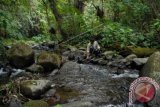 Warga mengambil air di Sungai Cipelang yang telah mengalami penyusutan debit air di Selabintana, Sukabumi, Jabar, Senin (12/10). Sungai Cipelang merupakan salah satu sungai yang berhulu di Taman Nasional Gunung Gede Pangrango (TNGGP) dan airnya dimanfaatkan warga untuk memenuhi kebutuhan sehari-hari. (ANTARA FOTO/Budiyanto)
