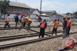 Sejumlah pekerja mengganti rel kereta api di Stasiun Kediri, Jawa Timur, Kamis (15/10). Penggantian rel itu dilakukan dari semula R33 menjadi R54, dengan harapan memberikan rasa aman dan mencegah terjadinya hal yang tidak diinginkan, salah satunya kereta anjlok. Antara Jatim/Foto/Asmaul Chusn/15