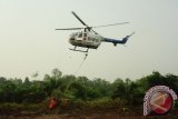 Helikopter Bolkow BO-105 dari Badan Nasional Penanggulangan Bencana (BNPB) mengambil air dari kanal untuk memadamkan kebakaran lahan gambut, di perkebunan sawit di Kecamatan Terentang, Kabupaten Kubu Raya, Kalbar, Rabu (21/10). Pemprov Kalbar bersama BNPB melaksanakan operasi pemadaman api dengan menggunakan Helikopter Bolkow BO-105 untuk menjatuhkan bom air (water bombing) guna memadamkan 154 titik api akibat kebakaran lahan yang terjadi di Kabupaten Kubu Raya, Kayong Utara dan Ketapang. ANTARA FOTO/Jessica Helena Wuysang/15