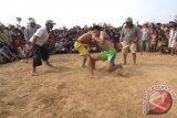 Dua pegulat berasaha saling membanting saat berlangsung  gulat tradisional Madura (okol) di desa Plakpak, Pegantenan, Pamekasan, Jatim, Jumat (23/10). Okol merupakan tradisi warisan leluluhur yang digelar setiap musim kemarau agar  turun hujan. Antara Jatim/Foto/Saiful Bahri/15