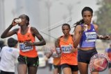 Pelari elit Ethiopia Mestawot Tadesse Shankutie (kanan) mengikuti lomba lari Mandiri Jakarta Marathon 2015 kategori Full Maratahon di kawasan Menteng - Kuningan, Jakarta, Minggu (15/10). Sebanyak 15 ribu peserta Jakarta Marathon 2015 itu terbagi dalam empat kategori yakni Full Marathon yang diikuti dua ribu pelari, kategori Half Marathon diikuti empat ribu pelari, kategori 10K diikuti enam ribu pelari, dan kategori 5K diikuti tiga ribu pelari. ANTARA FOTO/Yudhi Mahatma/wdy/15.