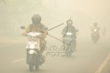 Sejumlah pengendara motor melintasi jalan yang diselimuti kabut asap pekat di Palangkaraya, Kalimantan Tengah, Selasa (27/10). Berdasarkan hasil pantauan BMKG per 27 Oktober, Indeks Standar Pencemaran Udara (ISPU) di Palangkaraya telah mencapai 1270,13 pm atau sangat berbahaya. ANTARA FOTO/Jessica Helena Wuysang/aww/15.