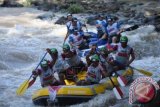 Tim arung jeram master putra Indonesia mendahului tim Slovakia saat Kejuaaran Dunia Arung Jeram kategori master Head to Head di Sungai Citarik, Sukabumi, Jawa Barat, Jumat (4/12). Tim master putra Indonesia kategori Head to Head menduduki juara ke-2 setelah menang dari tim Slovakia dan Jepang yang kemudian kalah di final oleh tim Republik Ceko. (ANTARA FOTO/Hafidz Mubarak A).