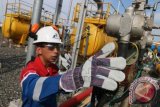 Pekerja PT Pertamina Gas memeriksa fasilitas Stasiun Kompresor Gas di Pangkalan Brandan, Langkat, Sumatera Utara, Selasa (2/2). Stasiun Kompresor Gas, Pangkalan Brandan merupakan bagian dari pipa gas Arun - Belawan yang menyalurkan gas dari fasilitas Arun Regas, Aceh, ke fasilitas pembangkit listrik PLN di Belawan, Sumut. ANTARA FOTO/Irsan Mulyadi/