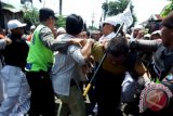 Seorang warga yang dianggap provokator diamankan aparat kepolisian setelah dipukuli massa gabungan Ormas Islam saat unjuk rasa di Mojokerto, Jawa Timur, Selasa (8/3). Dalam aksinya mereka menuntut Pemkot Mojokerto untuk segera melakukan penertiban praktik prostitusi yang masih beroperasi di Yayasan Majapahit Balong Cangkring (BC) Mojokerto. Antara Jatim/Syaiful Arif/zk/16