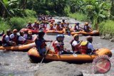 Sejumlah wisatawan menaiki perahu karet saat melakukan wisata petualangan arung jeram di sungai Badeng, Songgon, Banyuwangi, Jawa Timur, Minggu (3/4). Pemerintah Kabupaten Banyuwangi terus mengembangkan sektor pariwisata dengan konsep Sport Tourism seperti Arung jeram, selancar, dan balab sepeda yang banyak diminati oleh wisatawan lokal maupun mancanegara. Antara Jatim/ Budi Candra Setya/zk/16.