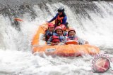 Peserta Festival Rafting mengayuh perahu karet untuk mengarungi sungai Badeng di Songgon, Jawa Timur, Sabtu (16/4). Festival Rafting dan Tubing yang berlangsung 16-17 april tersebut, merupakan festival yang pertamakali diadakan untuk mengenalkan potensi wisata petualangan yang berada di lereng Gunung Raung. Antara Jatim/ Budi Candra Setya/zk/16.