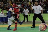 Dua atlit Wushu bertanding saat digelarnya Kejuaraan Wushu Sanda Antar Pelajar 2016 di Surabaya, Jawa Timur, Sabtu (16/4).  Kejuaraan seni bela diri asal Tiongkok tersebut diikuti ratusan pelajar dari berbagai sasana Wushu di Jawa Timur. Antara Jatim/Didik Suhartono/zk/16