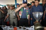 Bupati Bondowoso Amin Said Husni (kedua kanan) mencicipi kopi saat 'Temu Lapang Kopi 2016' di Kebun Percontohan Pusat Penelitian Kopi dan Kakao (Puslit Koka) Indonesia Desa Andung Sari, Pakem, Bondowoso, Jawa Timur, Selasa (10/5). Temu Lapang Kopi tersebut diikuti ratusan petani kopi Se-Indonesia, sejumlah delegasi dari negara Australia, Jepang dan Korea untuk mengenalkan 'Benih Super', yaitu bibit kopi yang memiliki keunggulan dibanding benih kopi biasa, memiliki perakaran yang banyak, tahan terhadap serangan nematoda, tahan perubahan iklim yang ekstrem. Antara Jatim/Seno/zk/16.