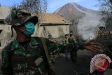 Prajurit TNI melakukan penyisiran di kawasan yang terkena dampak awan panas erupsi Gunung Sinabung, di Desa Gamber, Karo, Sumatera Utara, Minggu (22/5). Erupsi Gunung Sinabung disertai awan panas yang terjadi Sabtu (21/5) menyebabkan tujuh warga tewas dan dua orang lainnya kritis. ANTARA SUMUT/Irsan Mulyadi/16