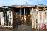 Seorang warga mengawasi anaknya yang bermain disekitar genangan banjir rob (air laut pasang) di Belawan, Medan, Sumatera Utara, Rabu (8/6). Genangan air yang mencapai 0,5 meter yang merendam sejumlah rumah di kawasan itu, disebabkan naiknya permukaan air laut yang meluber ke daratan. ANTARA SUMUT/Septianda Perdana/16