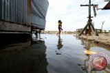 Seorang anak bersama adiknya melewati genangan banjir Rob yang merendam Pemukiman Kampung Jawa, Lhokseumawe, Aceh, Rabu (8/6). Banjir rob yang disebabkan tingginya terjangan luapan pasang air laut itu merendam sejumlah desa di wilayah pesisir timur perairan Selat Malaka Aceh. ANTARA FOTO/Rahmad/16.