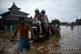 Sejumlah warga mengangkut sepeda motor melintasi banjir yang merendam jalan raya Kraton, Pasuruan, Jawa Timur, Kamis (30/6). Banjir setinggi 1 meter tersebut terjadi akibat meluapnya Sungai Welang setelah diguyur hujan lebat sejak Rabu (29/6) malam sehingga membuat jalur pantura lumpuh. Antara jatim/Umarul Faruq/zk/16
