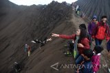 Seorang umat Hindu Tengger melarung ayam hasil ternaknya ketika ritual labuh sesaji ke kawah Gunung Bromo pada upacara Yadnya Kasada, Probolinggo, Jawa Timur, Kamis (21/7). Upacara Kasada di Gunung Bromo tersebut merupakan ritual warga suku Tengger dengan melarung hasil bumi atau ternak ke kawah Bromo sebagai wujud ungkapan rasa syukur kepada Sang Hyang Widi. Antara Jatim/M Risyal Hidayat/zk/16