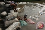 Sejumlah buruh mengumpulkan karung berisi karet yang dijual petani ke tempat pedagang penampung di Kecamatan Melak, Kabupaten Kutai barat, Kaltim, Selasa (9/8). Walaupun harga karet sedang anjlok yaitu berkisar Rp5 ribu per kilogram namun para petani tetap menjual kepada penampung karena mereka sangat bergantung pada hasil penjualan karet untuk membiayai kehidupan sehari-hari. ANTARA FOTO/Sugeng Hendratno/jhw/16