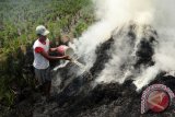 Seorang petani menyiram air ke tumpukan rumput yang telah dibakarnya di Jalan Arteri Supadio, Kabupaten Kubu Raya, Kalbar, Minggu (14/8). Memasuki musim kemarau, petani setempat kembali melakukan pembakaran lahan untuk membuka ladang seiring dengan tibanya musim tanam. Hal tersebut berpotensi besar menimbulkan kabut asap dan kerusakan lingkungan. ANTARA FOTO/Jessica Helena Wuysang/16
