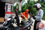 Pedagang Pertamini, Nur Syamawiah (25) mengisi Bahan Bakar Minyak (BBM) eceran ke motor konsumen di Kecamatan Rasau Jaya, Kabupaten Kubu Raya, Kalbar, Senin (15/8). Selain menjual bensin eceran dengan menggunakan Pertamini, Nur Syamawiah juga menjual mesin pengisi BBM eceran Pertamini Elektrik seharga Rp15 juta per unit dan digital seharga Rp25 juta per unit, yang dipasarkan kepada warga yang ingin berjualan BBM eceran. ANTARA FOTO/Jessica Helena Wuysang/16