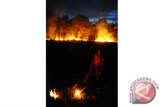 Seorang petani membakar rumput di atas lahan gambut miliknya di Desa Korek, Kecamatan Sungai Ambawang, Kabupaten Kubu Raya, Kalbar, Senin (15/8). Petani itu menyatakan sebelum Ia membakar lahan gambut miliknya untuk membuka ladang dan kemudian ditanami padi tersebut, Ia sudah membuat kanal air untuk mengantisipasi meluasnya api ke lahan milik orang lain. ANTARA FOTO/Jessica Helena Wuysang/16

