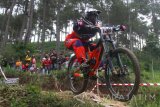 Atlet downhill Della Andika Tri Pamungkas berusaha menjadi yang tercepat di kelas Woman Elite dalam kejuaraan Indonesia Downhill 2016 Seri III di Sirkuit Bukit Klemuk, Batu, Jawa Timur, Minggu (20/8). Kejuaraan yang berlangsung selama dua hari dengan mempertandingan sepuluh kelas  tersebut juga dimanfaatkan puluhan atlet balap sepeda downhill nasional untuk pemanasan sebelum bertanding di PON Jabar mendatang. Antara Jatim/Ari Bowo Sucipto/zk/16.