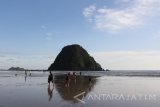 Sejumlah wisatawan menikmati suasana pantai Pulau Merah di Banyuwangi, Jawa Timur, Minggu (21/8). Pasca terjadinya banjir lumpur sejak seminggu terakhir di Pantai Pulau Merah, aktivitas wisata sudah ramai karena air sudah kembali normal. Antara Jatim/ Budi Candra Setya/zk/16.