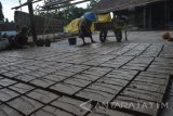 Perajin membuat batu bata di Desa Sugihwaras, Maospati, Magetan, Jawa Timur, Kamis (1/9). Menurut perajin, masih seringnya turun hujan hingga saat ini menyebabkan panjangnya waktu proses pengeringan sehingga mengakibatkan harga batu bata naik dari Rp400 perbuah menjadi Rp550 perbuah. Antara Jatim/Foto/Siswowidodo/zk/16