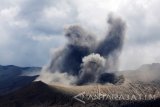 Debu vulkanik menyembur dari kawah Gunung Bromo di Desa Cemorolawang, Probolinggo, Jawa Timur, Jumat (7/10). Status Gunung Bromo Siaga atau level III dengan asap putih kelabu mengepul dari kawah mencapai ketinggian hingga 300 meter dan bergerak menuju arah barat serta utara. Antara Jatim/Umarul Faruq/zk/16