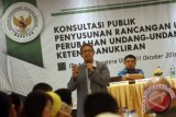 Kasubdit Pengaturan Reaktor Daya Badan Pengawas Tenaga Nuklir (BAPETEN) Bambang E Aryadi (tengah) disaksikan Direktur Pengaturan Pengawasan Instalasi dan Bahan Nuklir Badan Pengawas Tenaga Nuklir (BAPETEN) Yudi Pramono (kanan) berbicara pada konsultasi publik Penyusunan Rancangan Undang-Undang Perubahan Undang-Undang Ketenaganukliran di Medan, Sumatera Utara, Selasa (11/10). BAPETEN mengusulkan rancangan perubahan Undang-Undang nomor 10 tahun 1997 tentang ketenaganukliran yang hingga kini telah mengalami perkembangan ilmu pengetahuan dan perubahan teknologi yang diharapkan dapat membangun pengawasan tenaga nuklir yang profesional, sehingga pada akhirnya keselamatan, keamanan, dan ketenteraman dapat diwujudkan dalam setiap pemanfaatan tenaga nuklir di Indonesia. ANTARA SUMUT/Septianda Perdana/16

